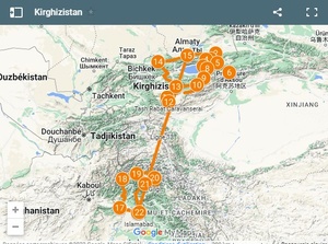 Carte du voyage du Kazakhstan, Kirghizstan et Pakistan