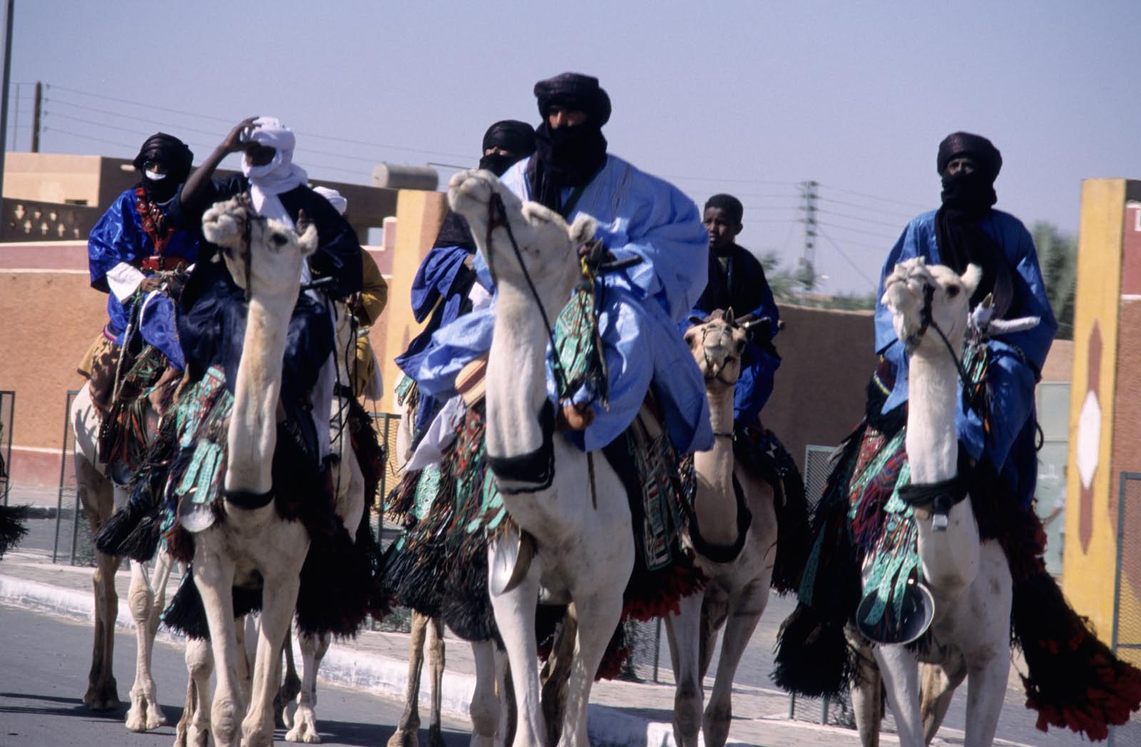 touaregs sur leurs dromadaires meharis